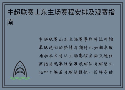 中超联赛山东主场赛程安排及观赛指南