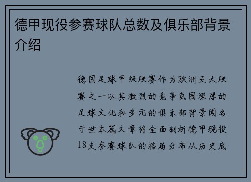 德甲现役参赛球队总数及俱乐部背景介绍