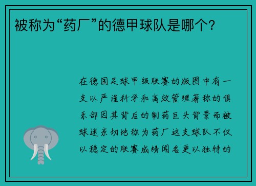 被称为“药厂”的德甲球队是哪个？